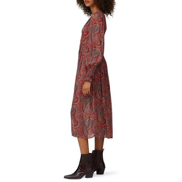 Thurley Golders Dress Paisley Boho Long Balloon Sleeve V-Neck A-Line Midi Red 4 - Picture 2 of 13